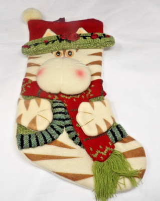 Vintage Plush Cat Design Christmas Stocking 14'' Long
