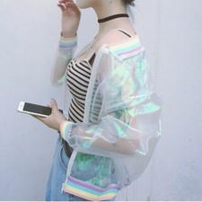 Lady Mesh Sheer Bliker Jacket Coat Shiny Laser Multicolor Striped Outerwear Punk
