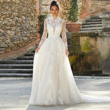 Elegant Muslim A-Line Wedding Dresses High Neck Long Sleeve Lace Bridal Gowns-