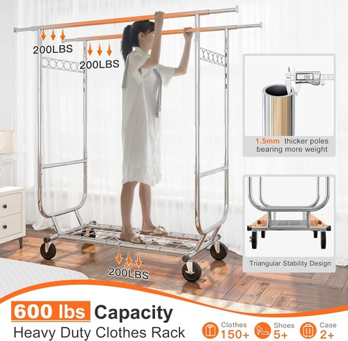 Clothes Rack Heavy Duty Clothing Garment Rack w/ Wheel Double Rod Closet Shelves - Picture 3 of 15