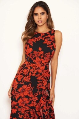 Ax Paris red floral midaxi dress, Impressive red midi dress Size L/XL UK14  US10 | eBay