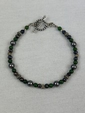 Handcrafted Green Silver Grey Beaded Bracelet Toggle Clasp