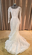 Vintage Antique Wedding Dress Finger Tip Sleeves White Lace Front Button Back S