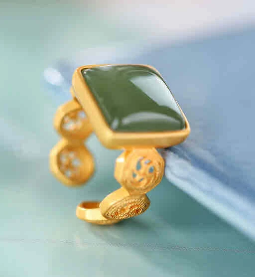 B23 Anello Giada Verde Quadrato Mulinello Ruota 925 Sterling Placcato Oro Aperto - Immagine 4 di 4