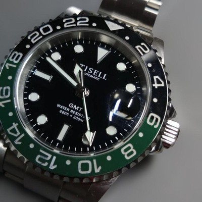 TISELL GMT Automatic Watch Black Green Miyota 9075 200m Water-Resistant From Jap