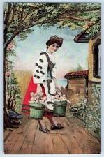 c1910's Surreal Fantasy Pretty Woman With Babies On Bucket Glitter Postcard