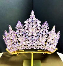 Quinceanera Crown, Purple Crystal Crown, Crystal Bridal Tiara, Prom Gold Crown