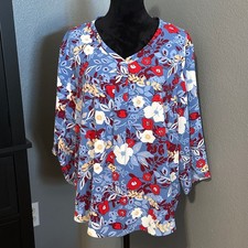 Aodemo Blouse 2XL Plus Blue Floral V Neck Tunic Top Stretch 3/4 Sleeve Boho