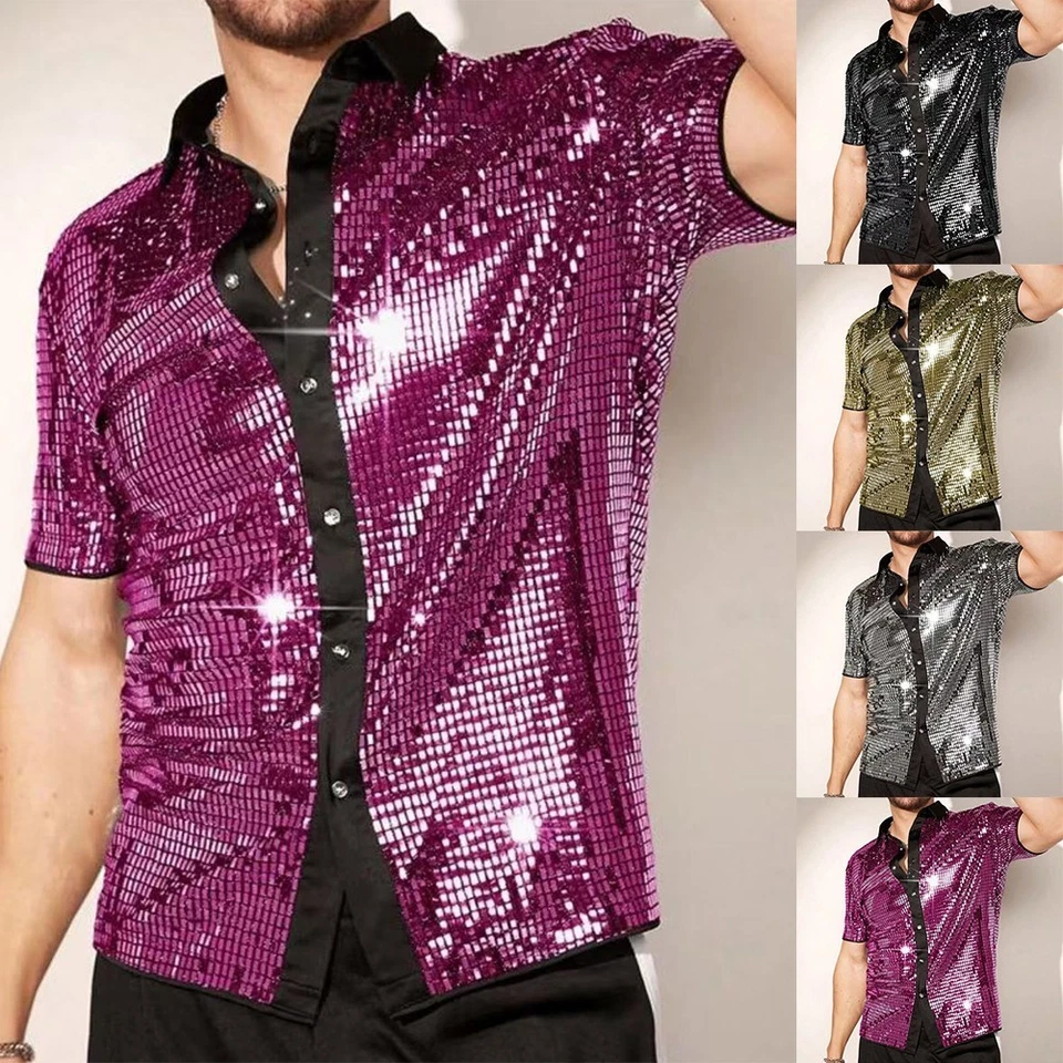 New Men's Button Down Short Sleeve Disco Shirt with Shiny Sequins 70s Style - Image 3 of 4