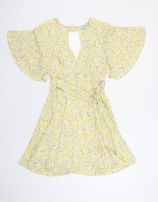 Vera & Lucy Damen kurzes Wickelkleid gelb Blumen Größe S