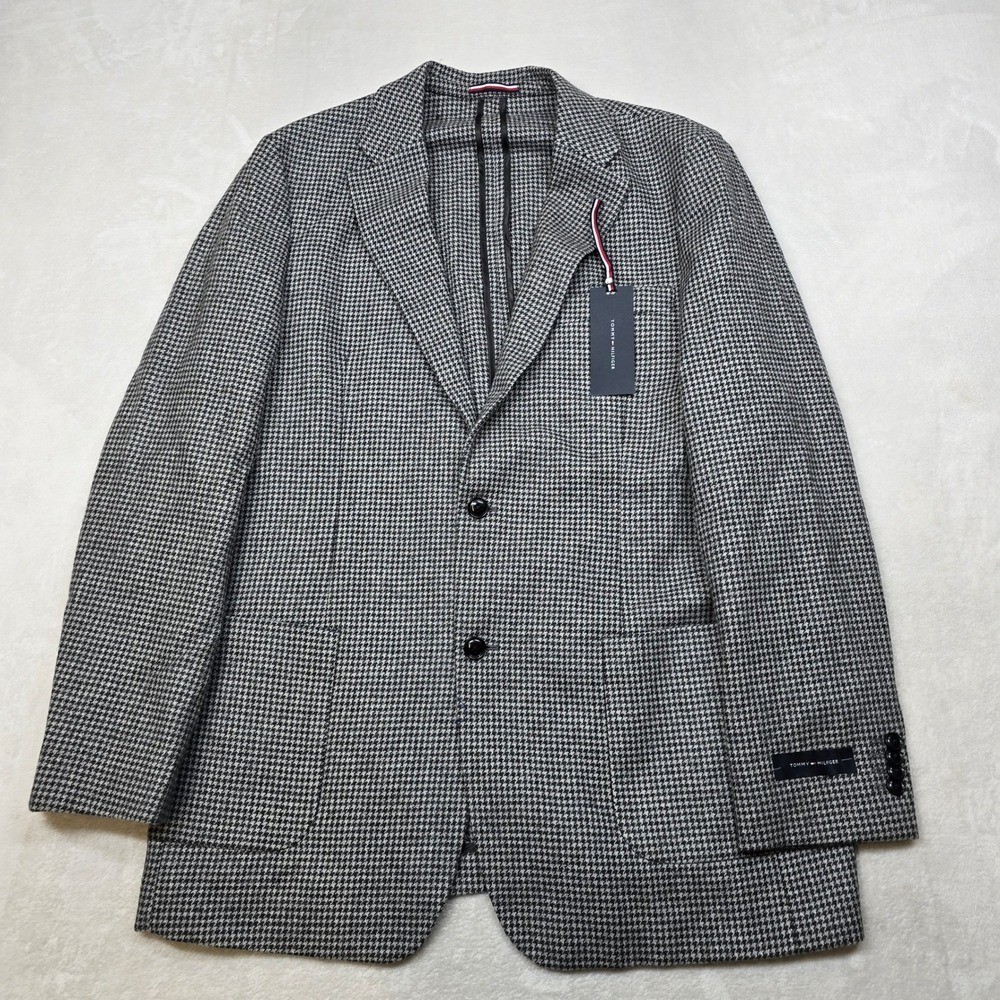 Tommy Hilfiger Houndstooth Sport Coat Mens 42L Light Grey Black Wool $375 NEW thumbnail 2