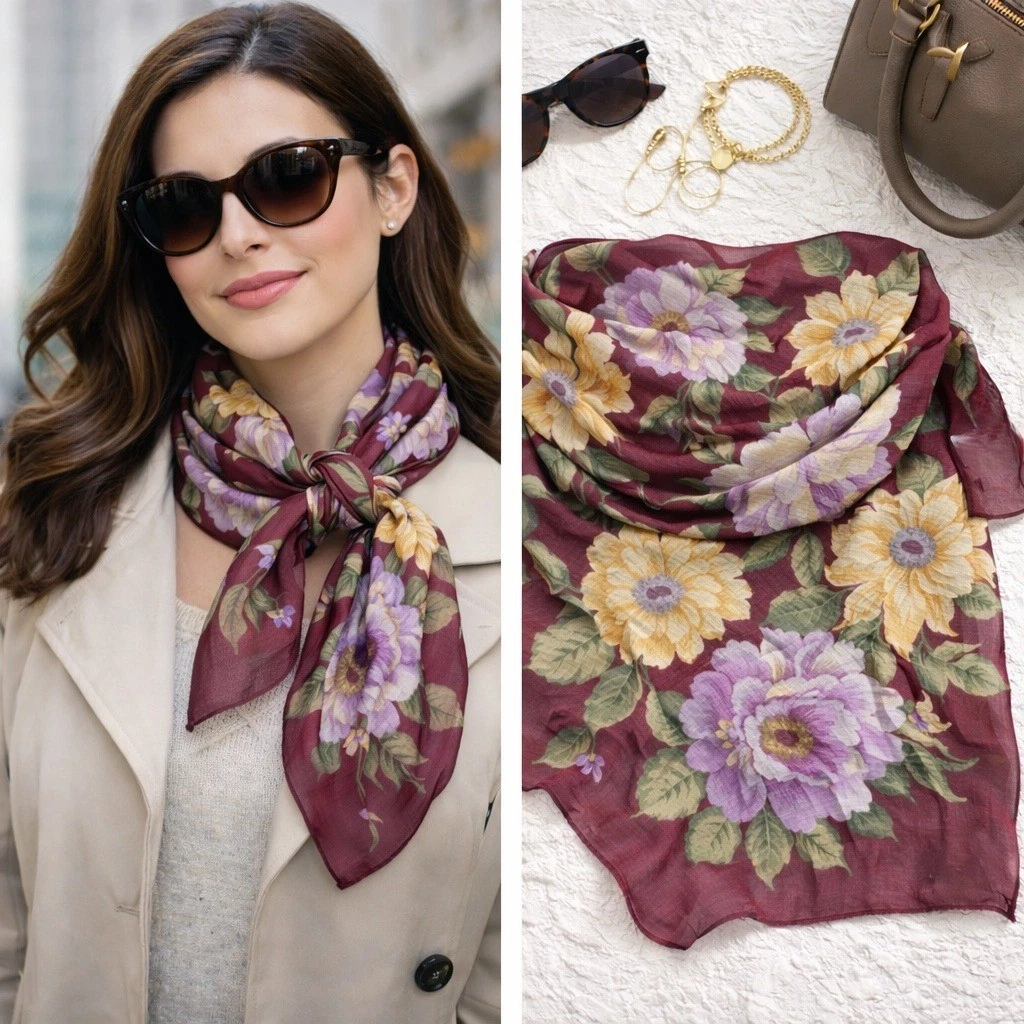 Echo Scarf Women Burgundy 100% Silk Floral Sheer Square Japan 33" x 34.5"