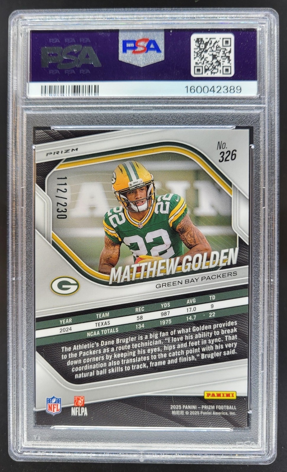 2025 Panini Prizm Matthew Golden Blue Wave /230 RC PSA 9 Packers RM5 view 2