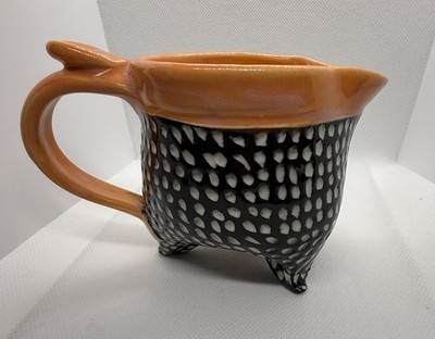 Handmade Studio Pottery Mug Orange Black Textured Body Footed
