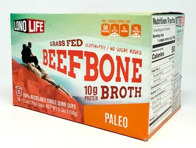 LonoLife Beef Bone Broth Grass Fed Collagen Protein Paleo, 10 Single Serve Cups