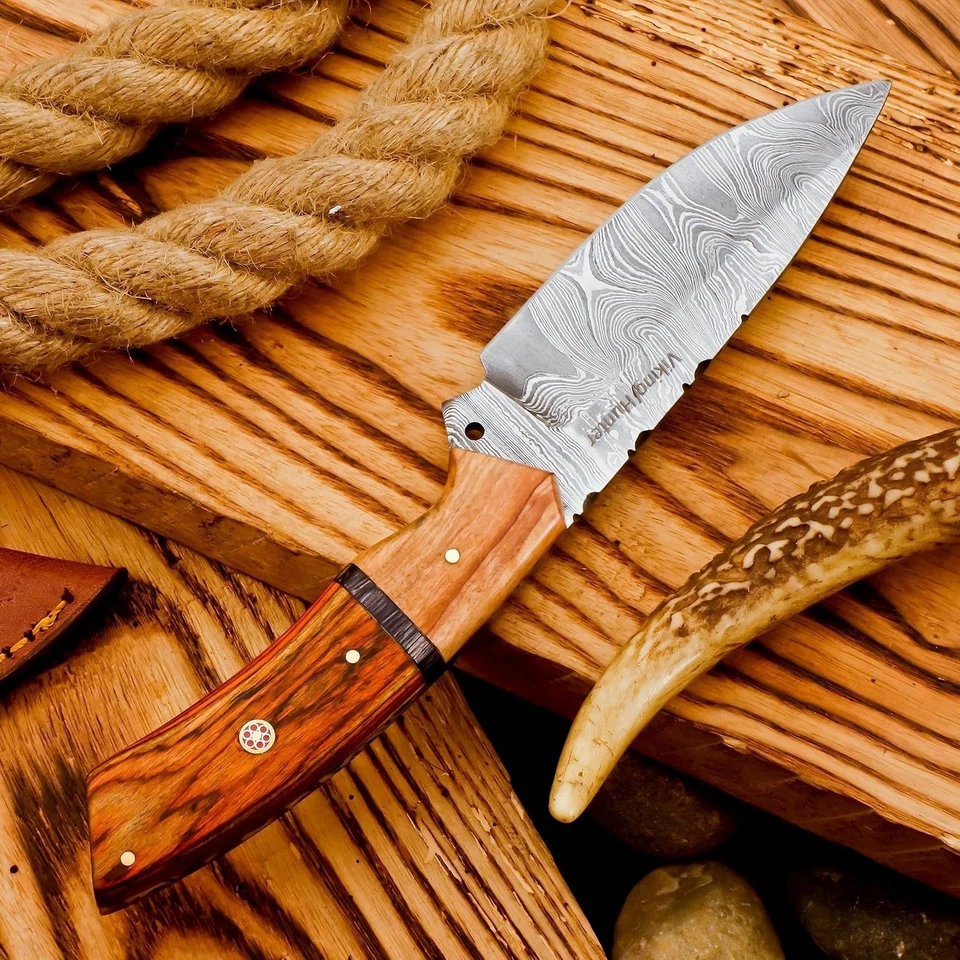Cuchillo de caza Damasco hecho a mano de 9" hoja fija de 288 capas con funda de cuero Foto 4 de 4