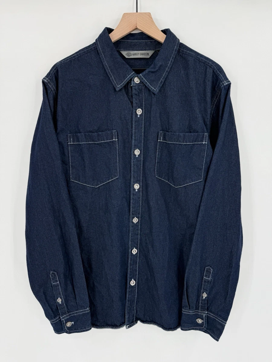 Harley Davidson 長袖シャツ バックデカロゴ デニム L 0700 Harley-Davidson Denim Long Sleeve Casual Button-Down Shirts for