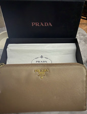 PRADA Beige Zip-Around Long Wallet w/ Logo Ac...