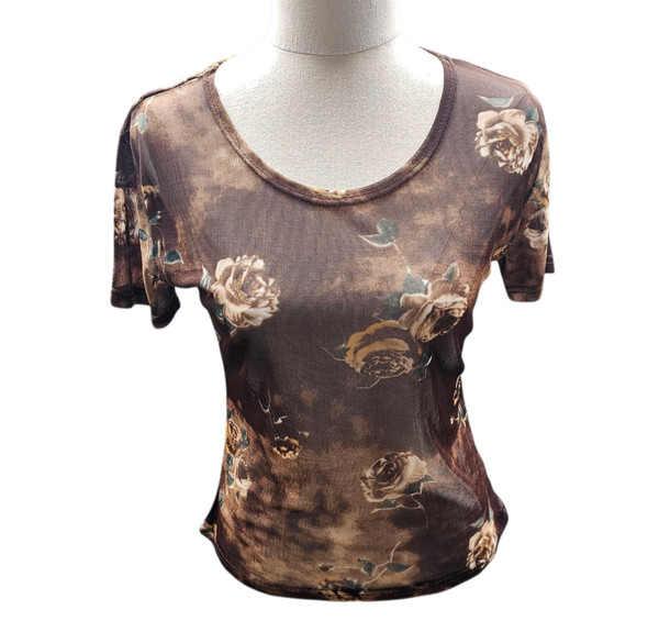 Vintage Y2K Mesh Baby Tee Florals Brown 2000s Stretch No tags Size 8-12 READ