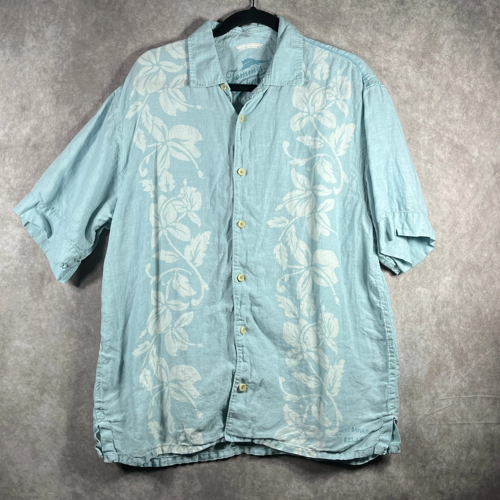 Tommy Bahama Linen Shirt Mens L Blue White Floral Beach Tropical Vacation Resort