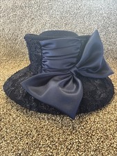 Ladies Mr John 100 Wool Made In USA Derby Church Hat Dark Blue Ex Cond With Bow