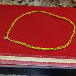 Handmade Glass Beaded Necklace Yellow Red Green Stripe 20 in No Clasp
