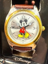 Disney Mickey Mouse Watch Moving Hands Two Tone Red Leather Band New Battery NIB