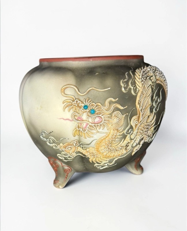 Antique Nippon Hand Painted Moriage Dragon Claw Footed Jardiniere Planter Japan
