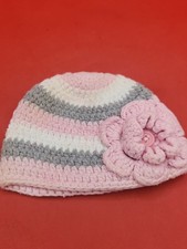 Handmade Crochet Pink And Grey Newborn Hat With Flower 0-3 Months