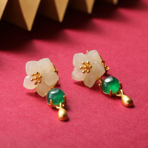 Natural Hetian White Jade Earrings Chinese Retro Women Fashion Jewelry Amulet - Picture 3 of 5