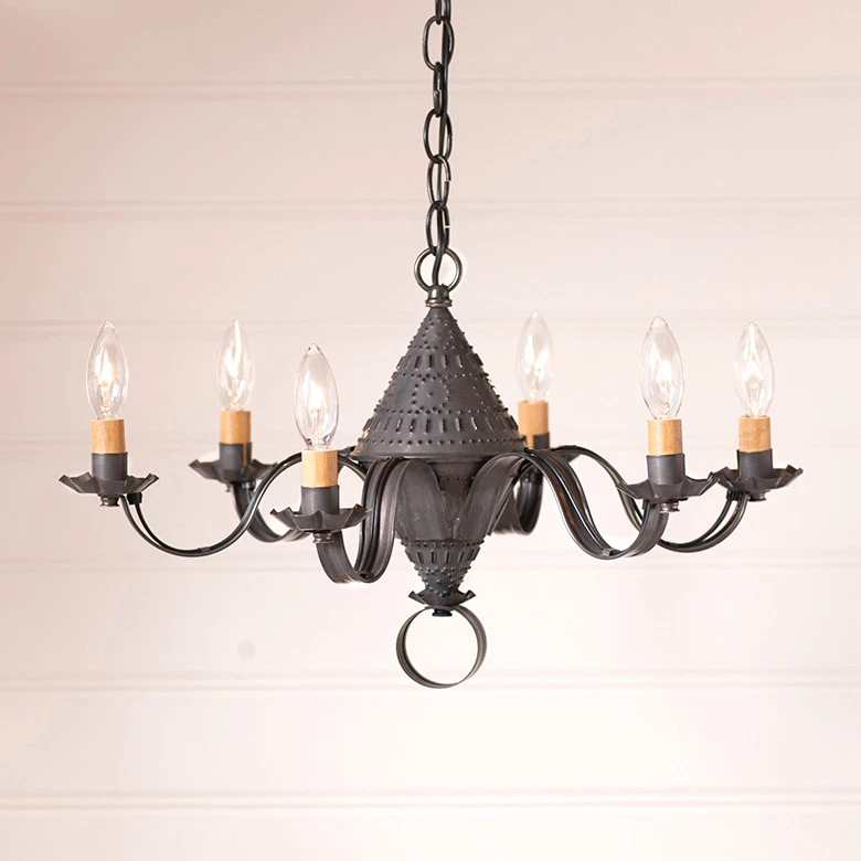 6 Arm Small Concord Blackened Tin Metal Chandelier By Irvin's Country Tinware