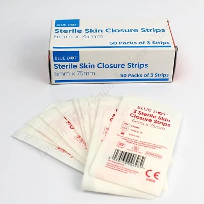 BLUE DOT / CREST MEDICAL Sterile Skin Closure Strips / Wound Sutures 6mm x 75mm. 10 Packs of 5 Strips.