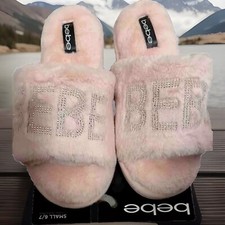 Bebe Pink Faux Fur Signature Rhinestone Slippers 6/7 MSRP 32.00