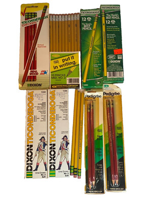Lg lot of 68 vintage wooden pencils USA Pedigree, Empire, Dixon Ticonderoga box