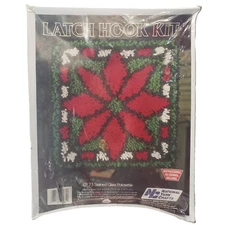 Vintage Latch Hook Kit-Stained Glass Poinsettia Christmas 12" x 12" Made in USA