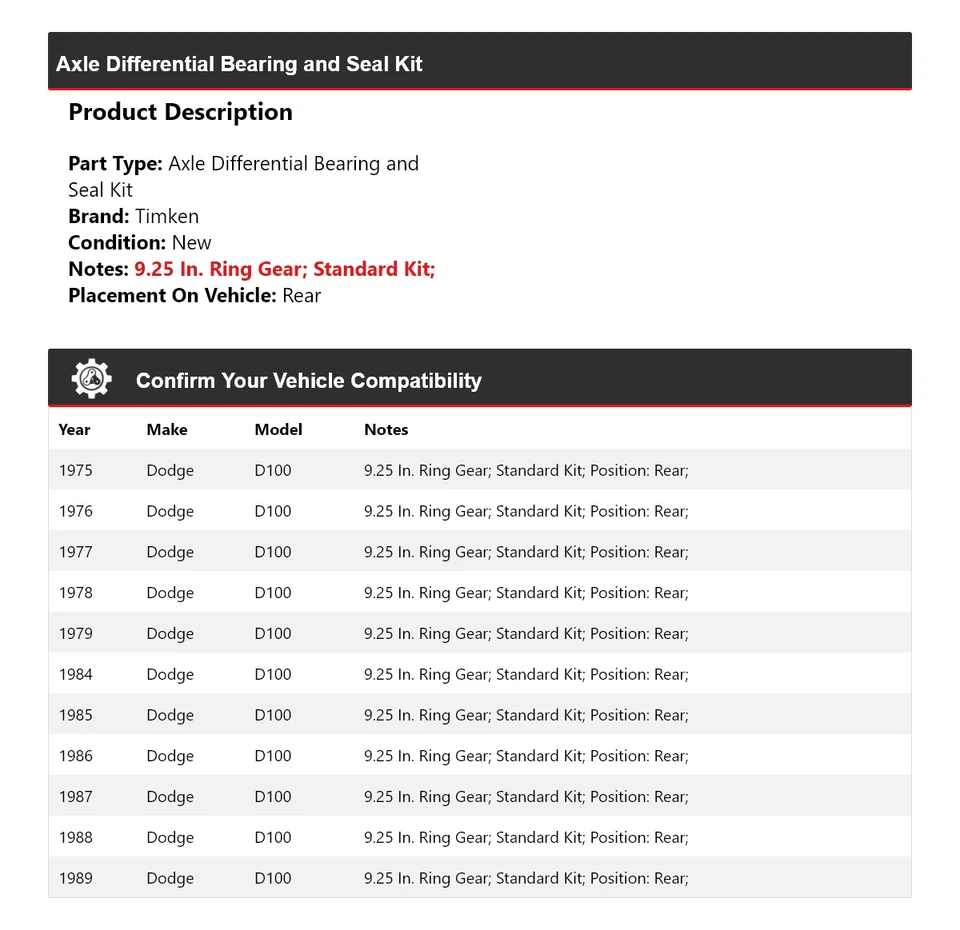Kit de sello de cojinete diferencial de eje trasero Ti para Dodge D100 1975-79, 1984-89 Foto 2 de 4