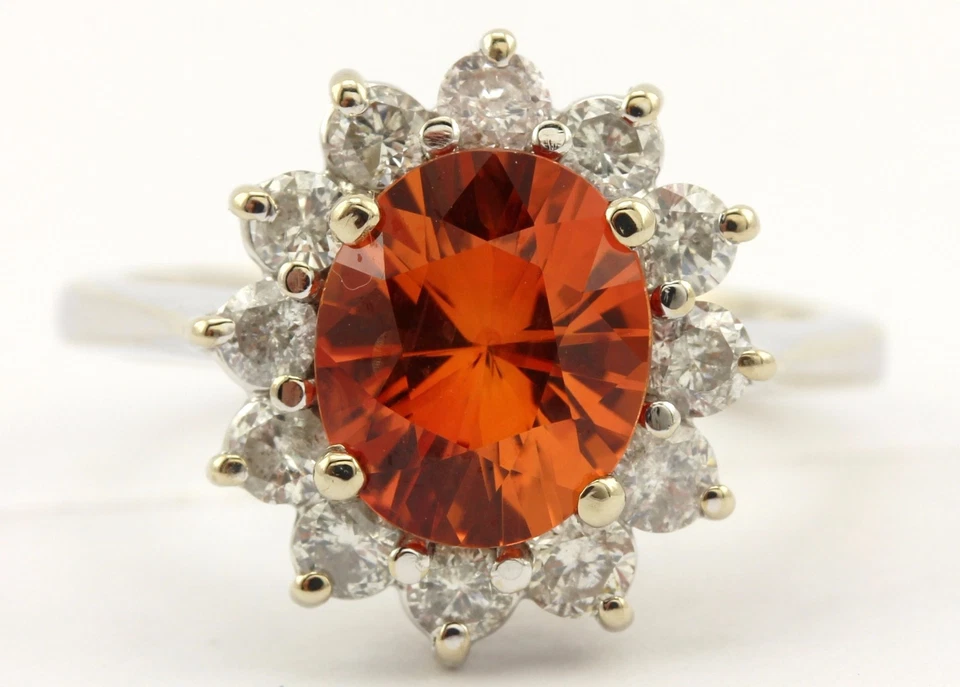 14k white gold 2.85ct oval orange sapphire round diamond halo ring size 6.25 NEW - Image 4 of 4