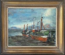 BEAUTIFUL SIGNED PAINTING - FISHING BOAT ON DRY LAND - OIL ON CANVAS