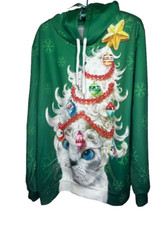Christmas Ugly Sweater Unisex novelty graphic cat wearing Christmas tree hat XL