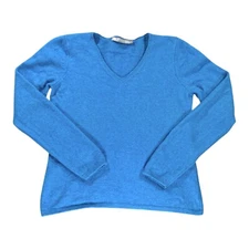 InCashmere Sweater Womens L Blue VNeck Long Sleeve Classic Soft Cozy Luxurious