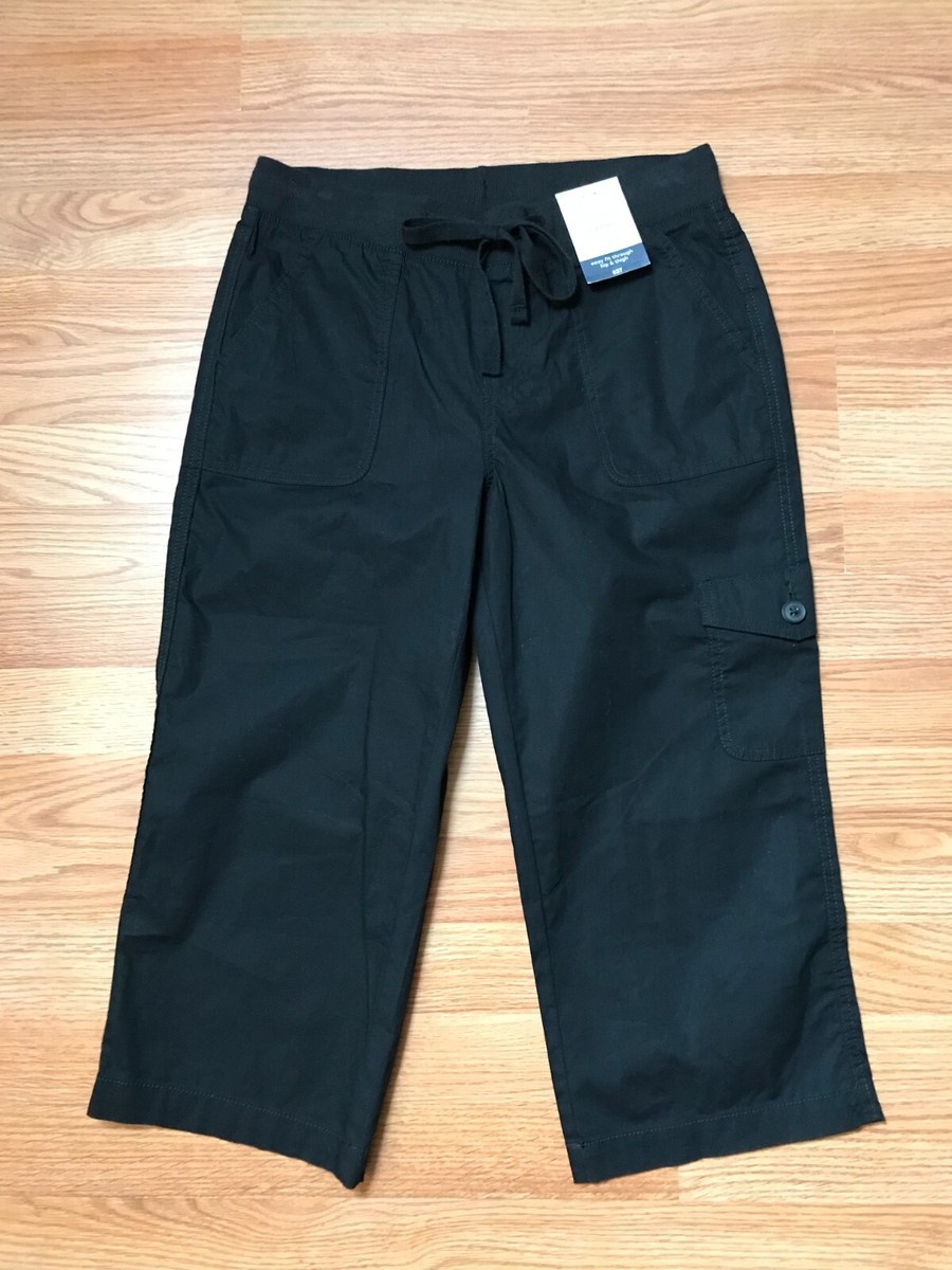 St Johns Bay Capri Pull On Pants Womens PS Black Pockets Cotton
