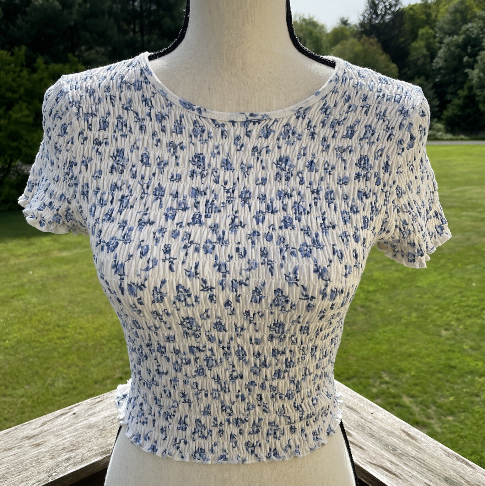 Hollister Smocked Crop Top Cottagecore Floral Blue Medium  -image