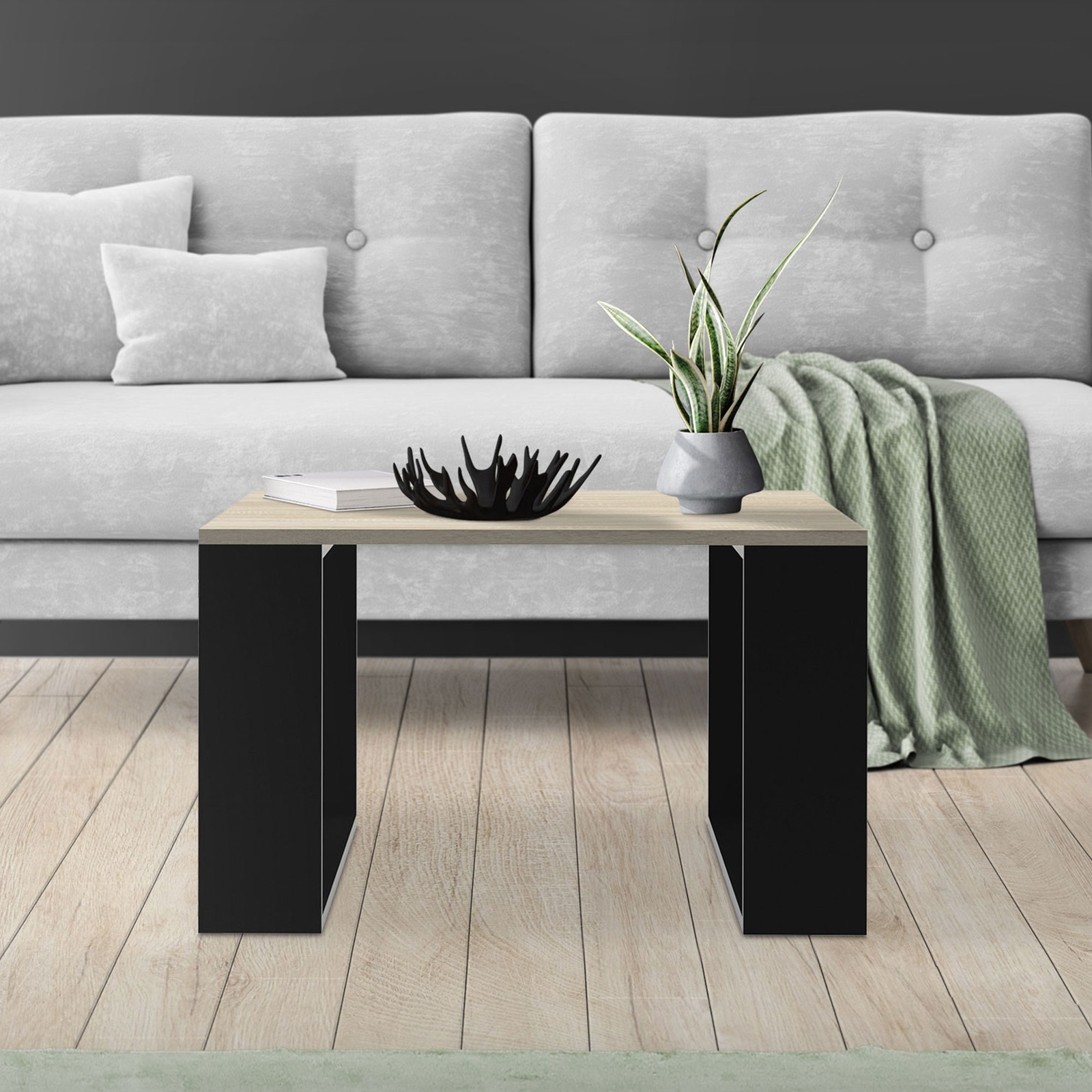 Mesa de centro auxiliar moderna MDF aspecto madera de roble patas negras 65x40cm