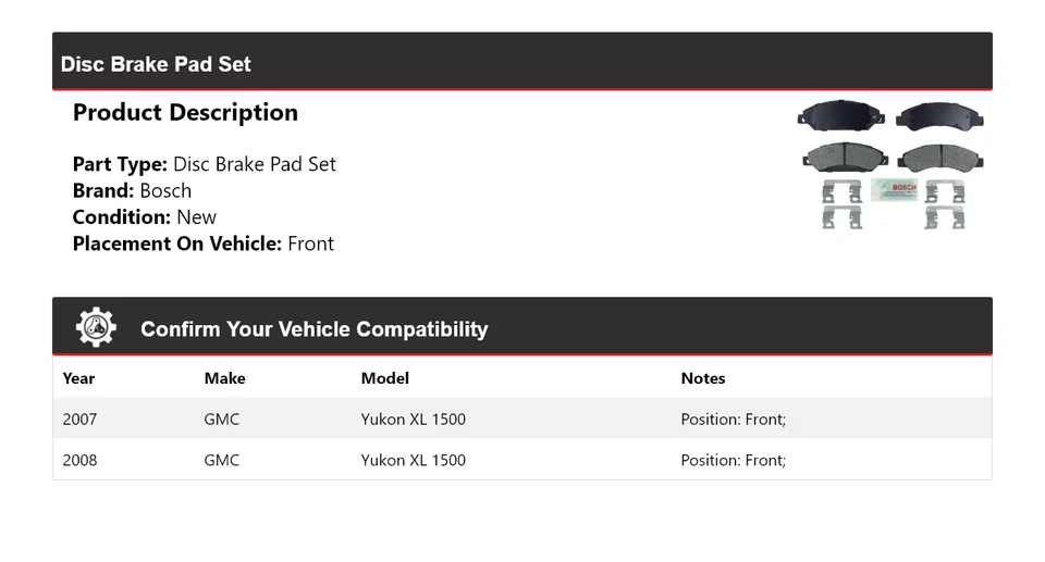 For 2007-2008 GMC Yukon XL 1500 Bosch Semi-Metallic Brake Pads with Hdw Front - Image 2 of 4