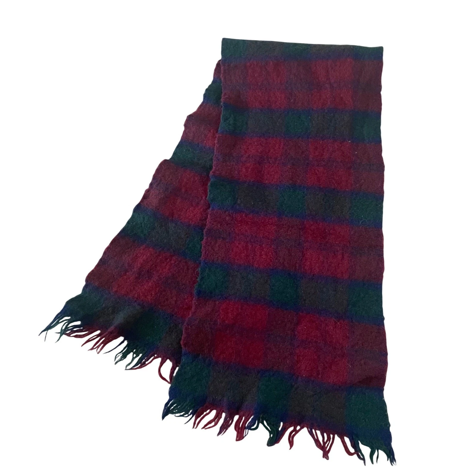 Vtg Made in Uruguay 100% Pure LambsWool Scarf Felt Plaid Wine Red Green Blue