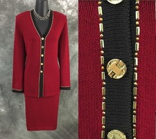 BEAUTIFUL St John collection knit red black jacket skirt suit size 8 10