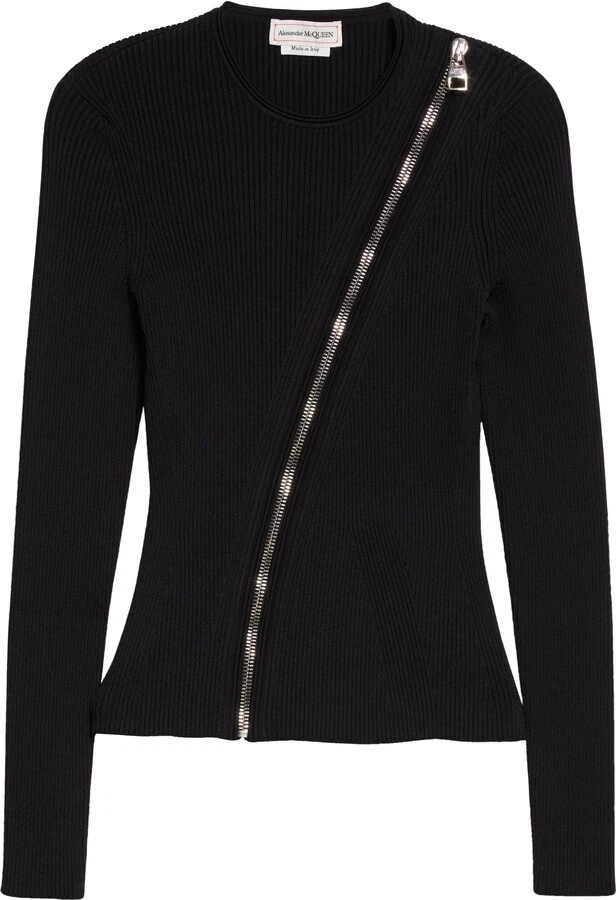 Alexander McQueen — Alexander McQueen Women's Asymmetric Slash Zipper Black Rib Sweater Size S