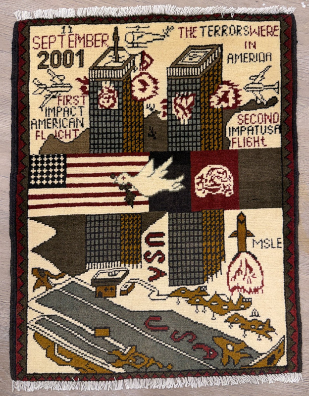 Hand Knotted Twin Tower Afghan War Pictorial Balouch Wool Area Rug 2.7 x 2.0 Ft