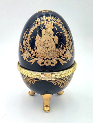 Cobalt Blue Egg Trinket Box Gold Gilt 3-Footed Hinged Jewelry Casket Vanity VTG