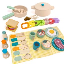 Wooden Play Cooking Set, 35pcs Kitchen Set for Toddlers, Play Food Sets for K...